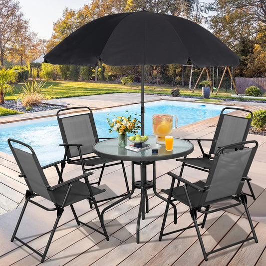 6 Piece Patio Dining Set with Umbrella, Outdoor Garden Set with 4 Folding Chairs and Tempered Glass Top Dining Table Black