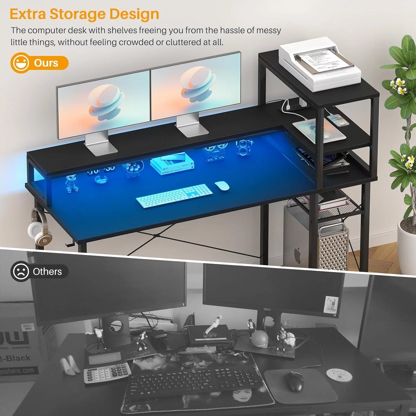 Gaming Desk with Power Outlet and USB Ports, 47 Inch Ergonomic Computer Desk with LED Strip and Monitor Stand, Reversible Small Desk Office Desk Writing Desk with Storage Shelf, Black