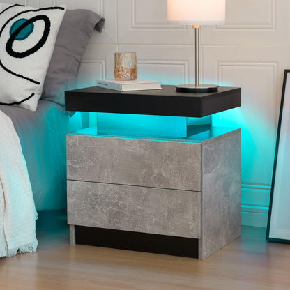 I-Aplus Bedside Table with 2 Drawers, LED Nightstand Wooden Cabinet Unit with LED Lights for Bedroom, End Table Side Table for Bedroom Living Room, Grey