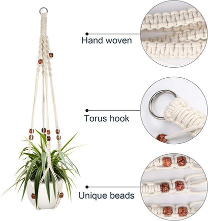 2 Packs Macrame Plant Hangers, Indoor Hanging Planter Basket with Wood Beads Decorative Macrame Pot Hanger for Home Decor with 4 Hooks