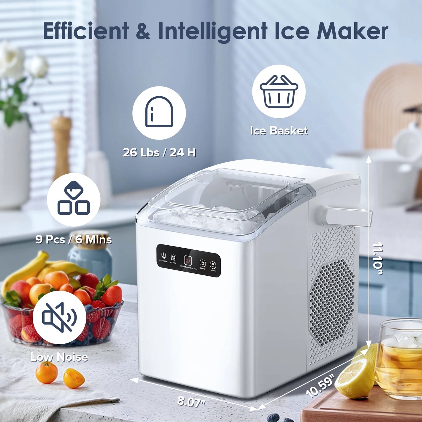 Countertop Ice Maker Machine, Portable Compact Ice Maker with Ice Scoop&Ice Basket, 9 Pcs/8 Mins, 26LBS/24H, Bullet Ice, Self-Cleaning, Home/Kitchen/Office/Bar, Green